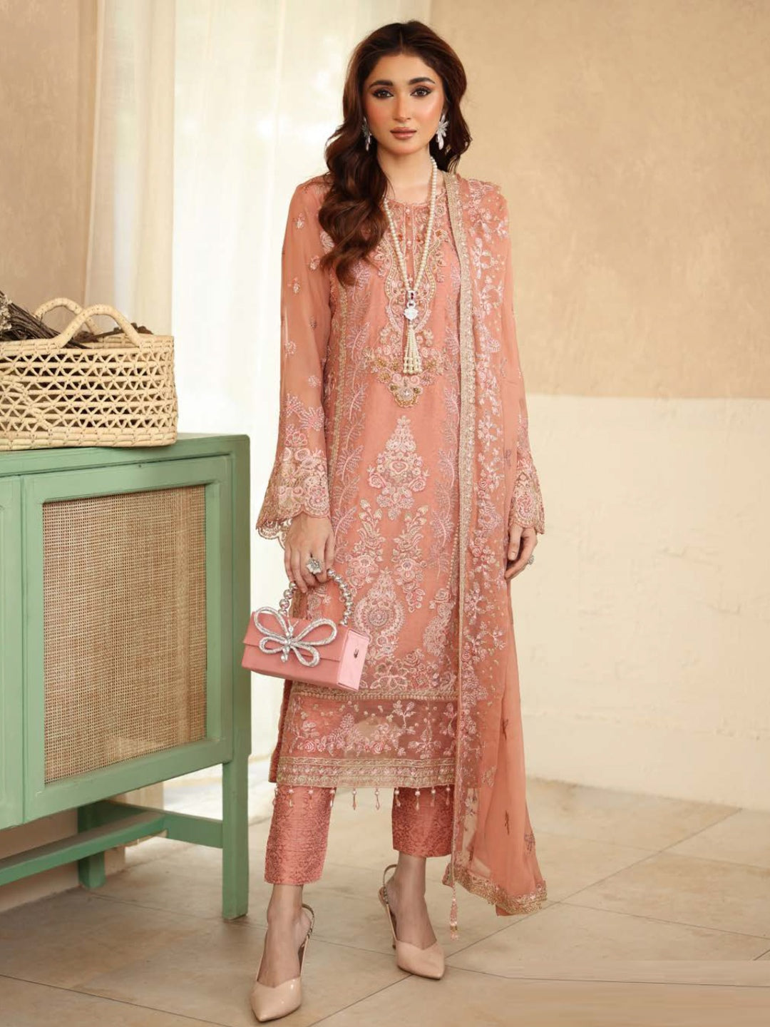 peach colour party wear dress MARIA.B Pearl White, Peach & Aqua Party Wear Dress
