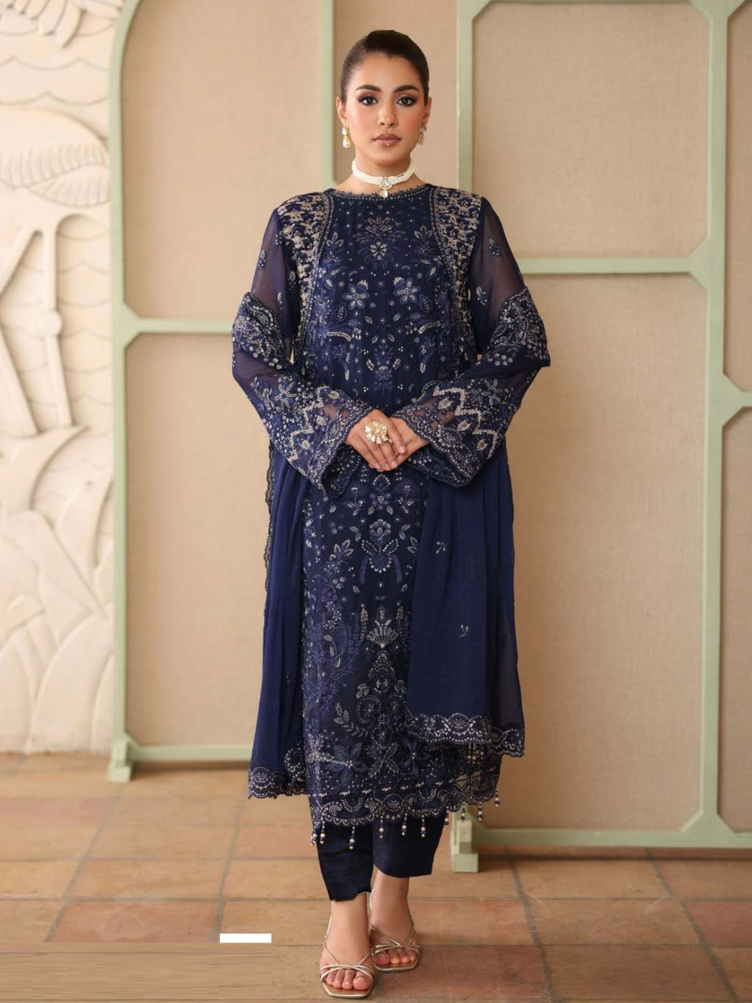 Navy Blue Chiffon Intricate Embroidered Straight Cut Premium Formal Wear Navy Blue Chiffon Intricate Embroidered Straight Cut Premium Formal Wear