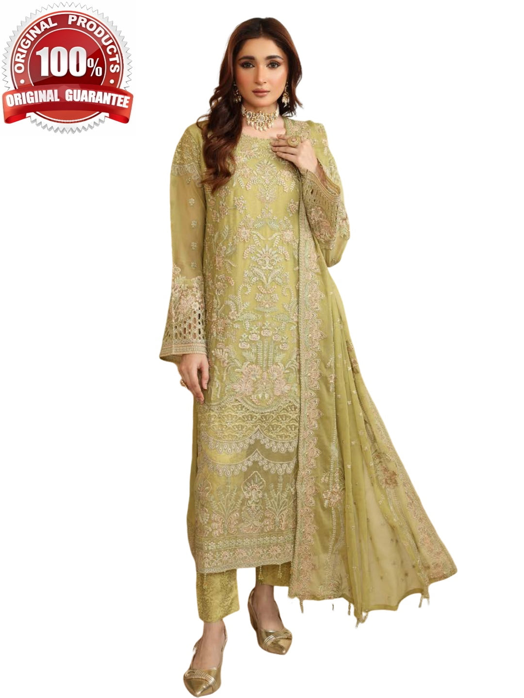 Olive Green Chiffon Floral Embroidered Straight Cut Classic Festive Wear Olive Green Chiffon Floral Embroidered Straight Cut Classic Festive Wear
