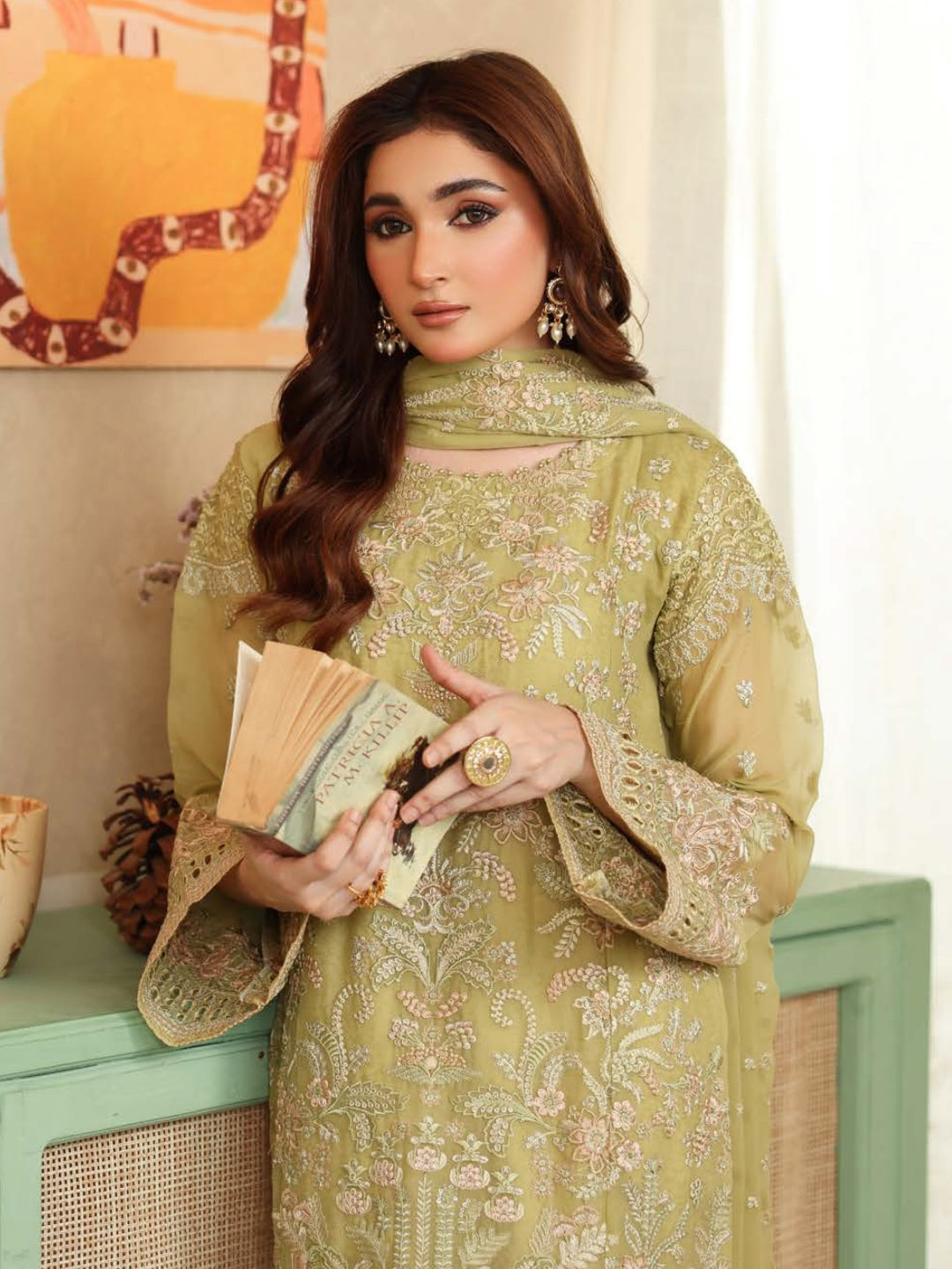 olive green pakistani dress Meraki- Floral embroidered olive green dress with sharara for festive wear By- Saad Bin Shahzad