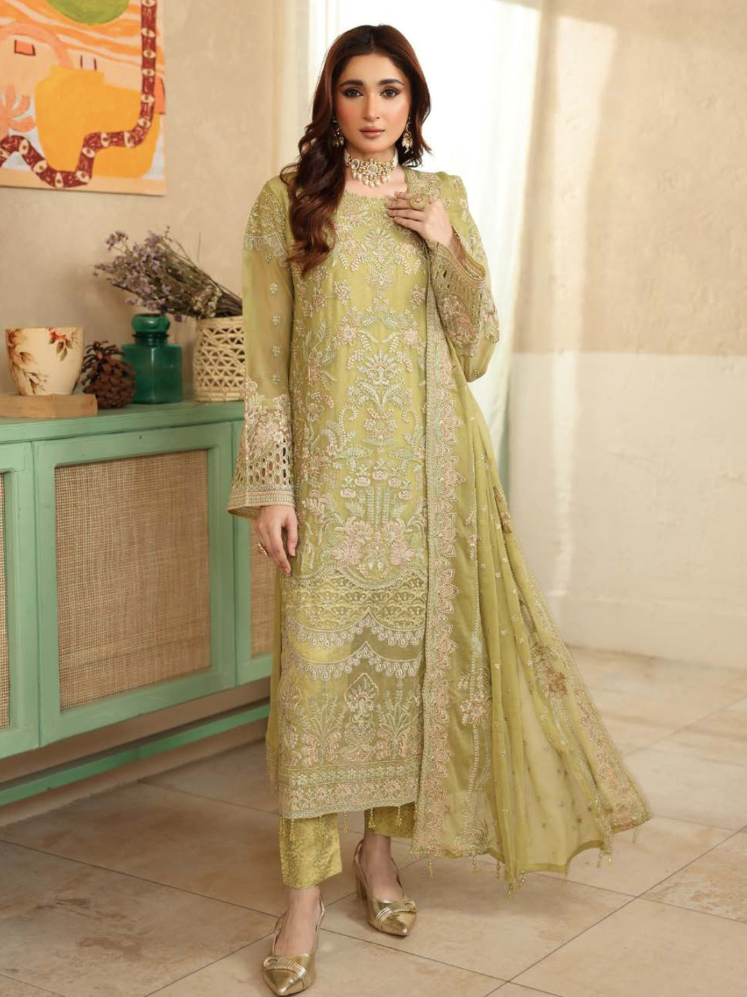 maxi engagement dress Shop Latest Pakistani Emerald Green Dress In Chiffon Small main image 0