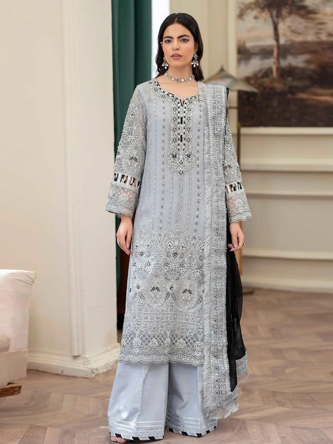 Ice Blue Chiffon Finely Embroidered Straight Cut Premium Formal Wear Ice Blue Chiffon Finely Embroidered Straight Cut Premium Formal Wear