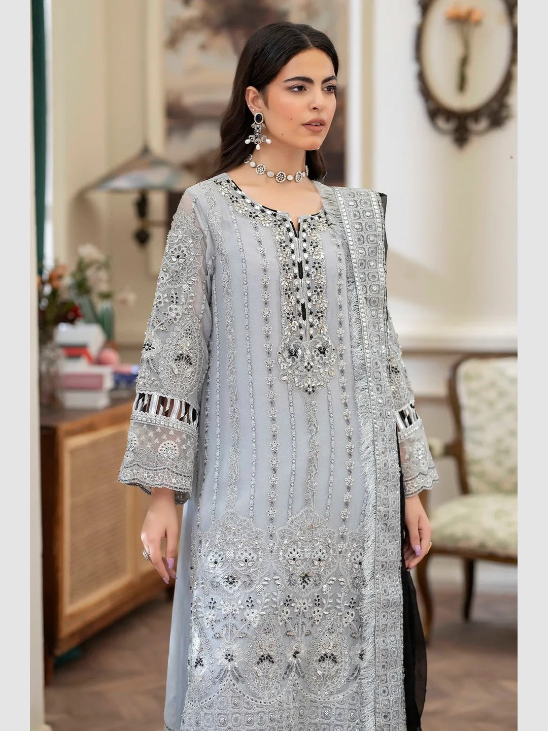 Ice Blue Chiffon Finely Embroidered Straight Cut Premium Formal Wear Ice Blue Chiffon Finely Embroidered Straight Cut Premium Formal Wear