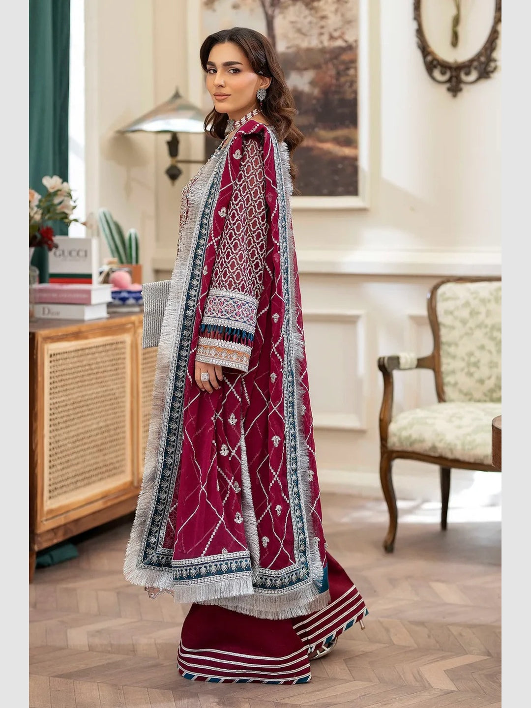 Maroon Chiffon Intricate Embroidered Straight Cut Royal Wedding Wear