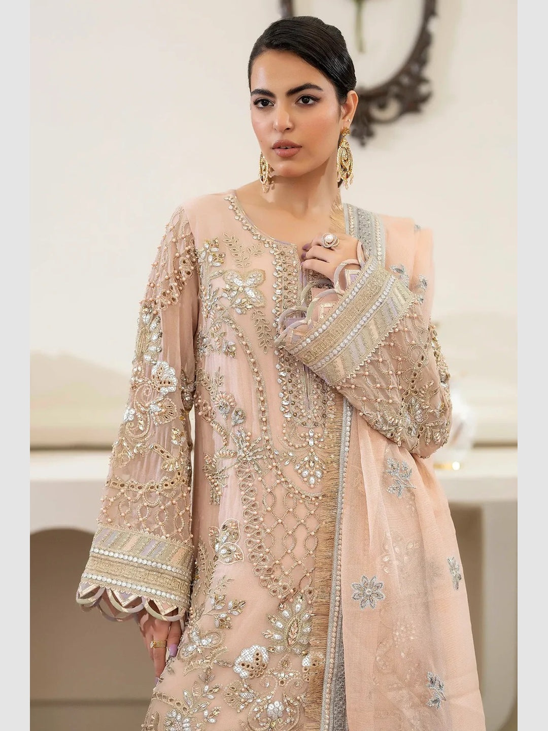 Peach Chiffon Heavy Embroidered Straight Cut Designer Wedding Wear
