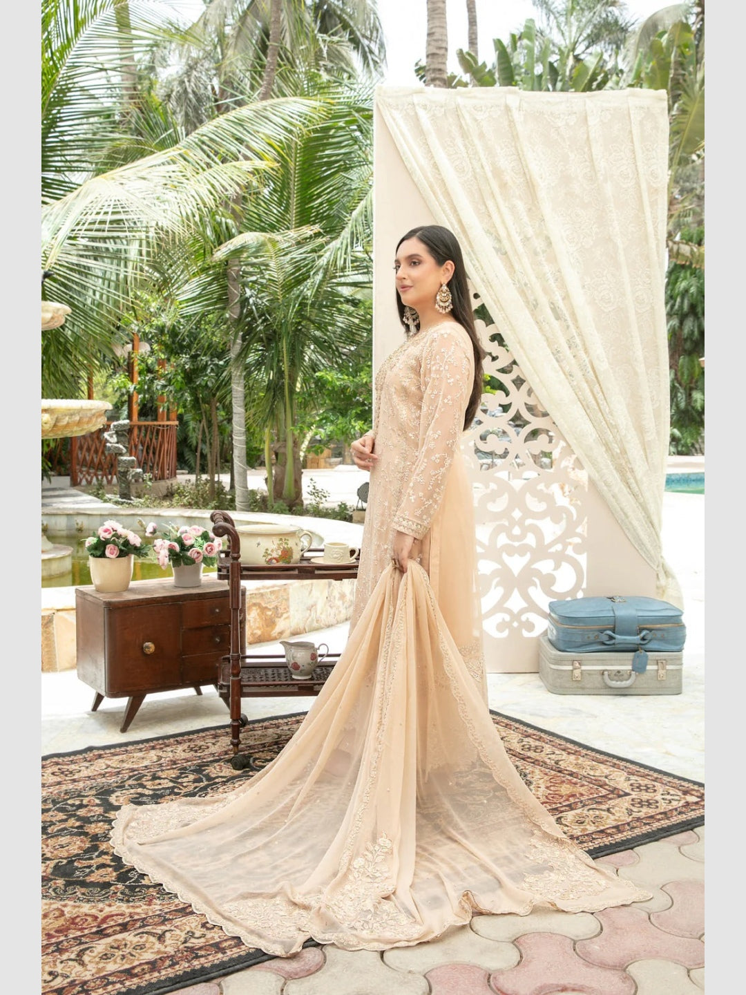 Nude Beige Chiffon Heavy Embroidered Straight Cut Designer Formal Wear Nude Beige Chiffon Heavy Embroidered Straight Cut Designer Formal Wear