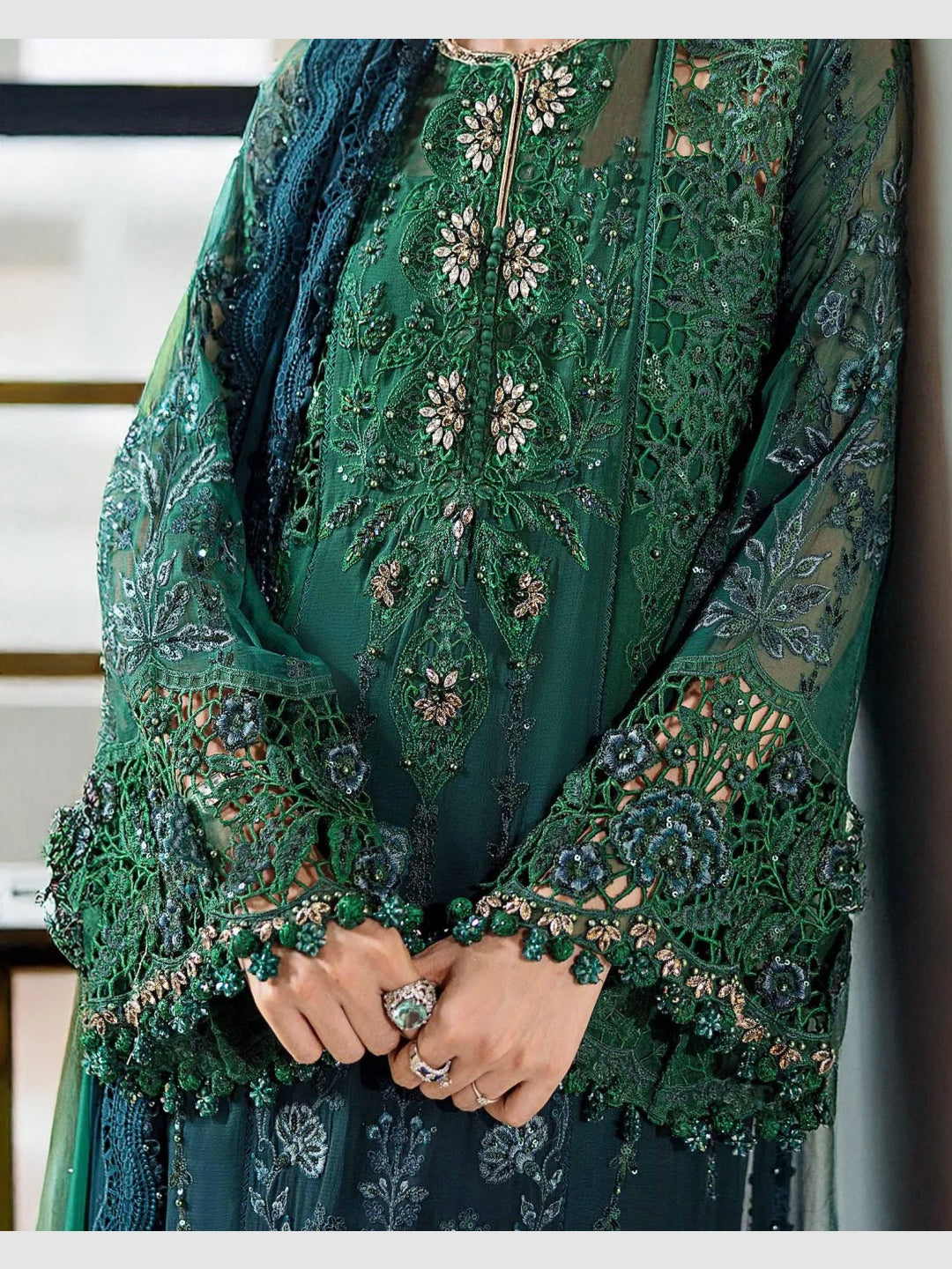 Emerald Green Chiffon Intricate Embroidered Designer Festive Wear Emerald Green Chiffon Intricate Embroidered Designer Festive Wear