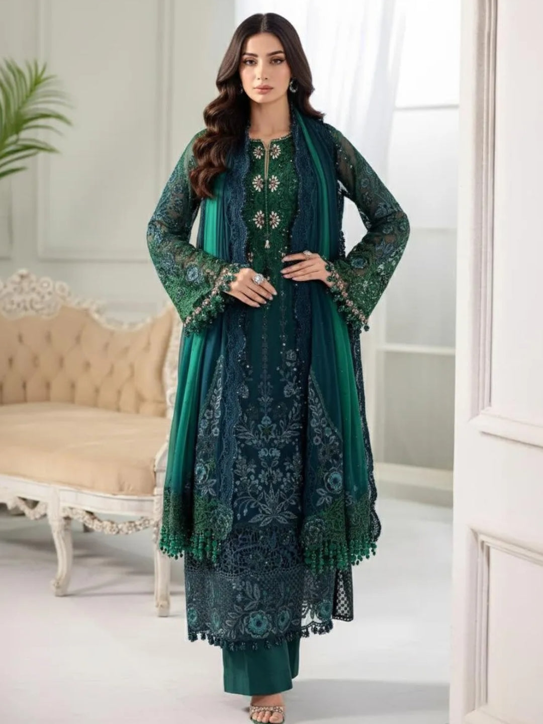 Emerald Green Chiffon Intricate Salwar Kameez | Fabricoz USA Emerald Green Chiffon Intricate Salwar Kameez | Fabricoz USA