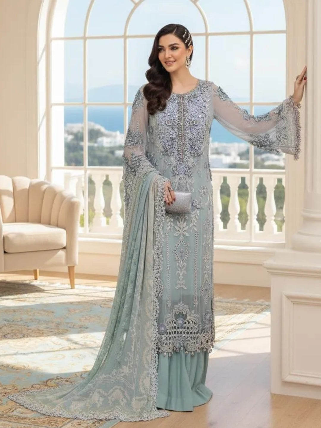 Ice Blue Chiffon Heavy Embroidered Designer Wedding Wear Ice Blue Chiffon Heavy Embroidered Designer Wedding Wear