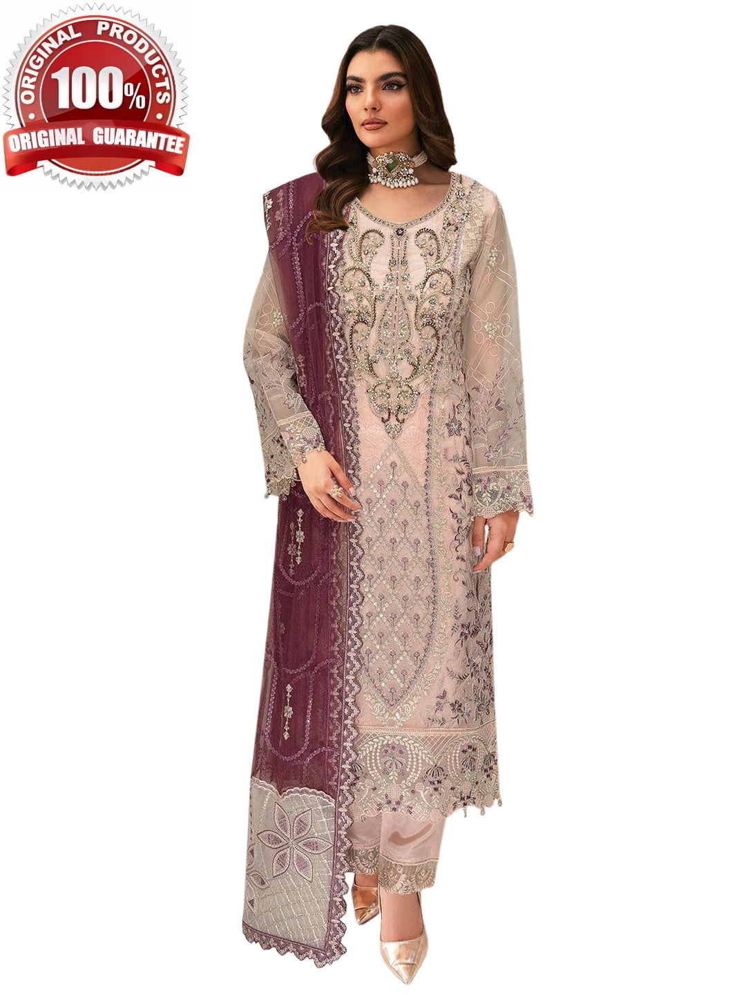 Champagne Beige Organza Heavy Embroidered Straight Cut Luxury Formal Wear