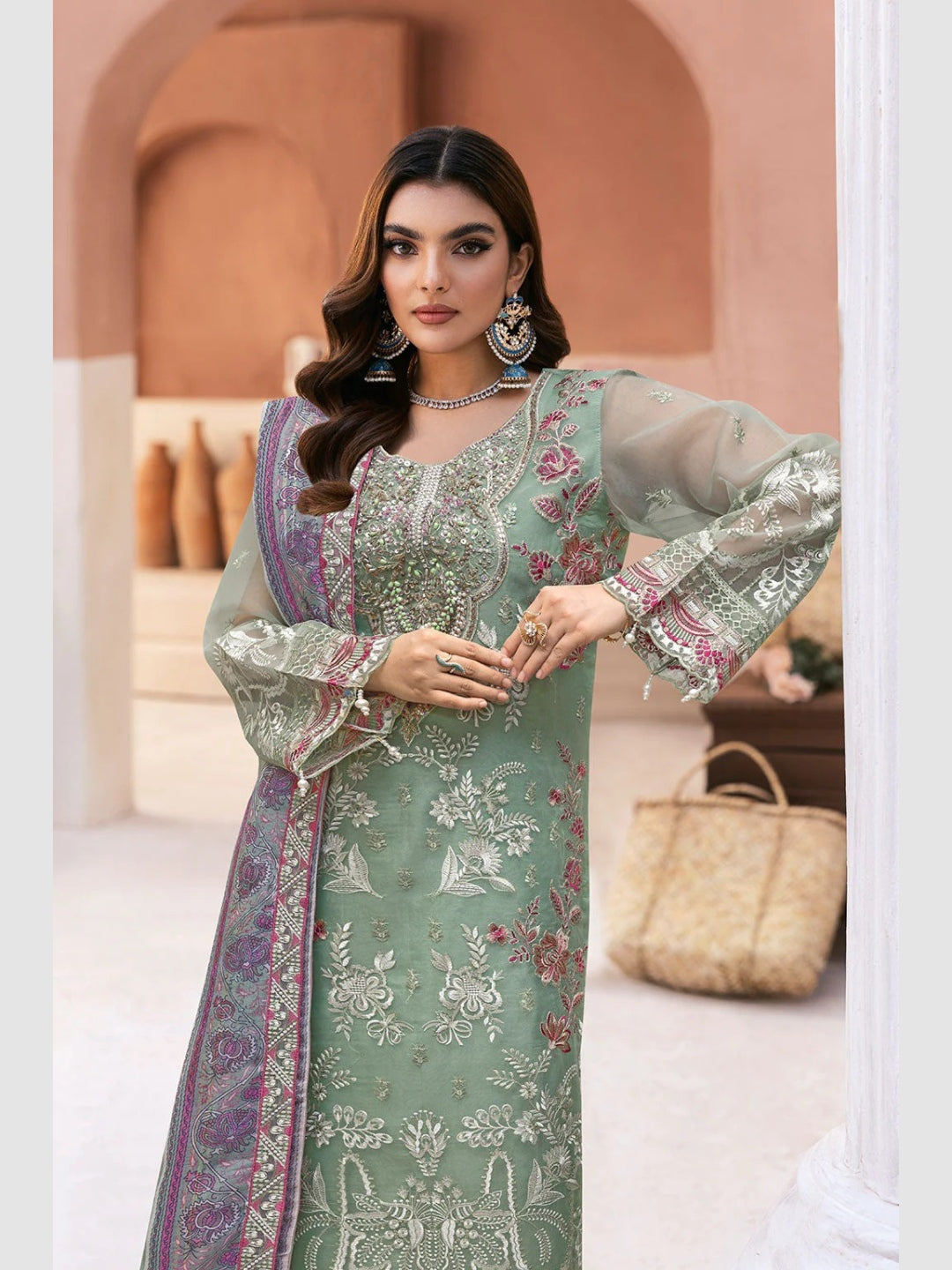 Sage Green Organza Intricate Salwar Kameez | Fabricoz USA Sage Green Organza Intricate Salwar Kameez | Fabricoz USA