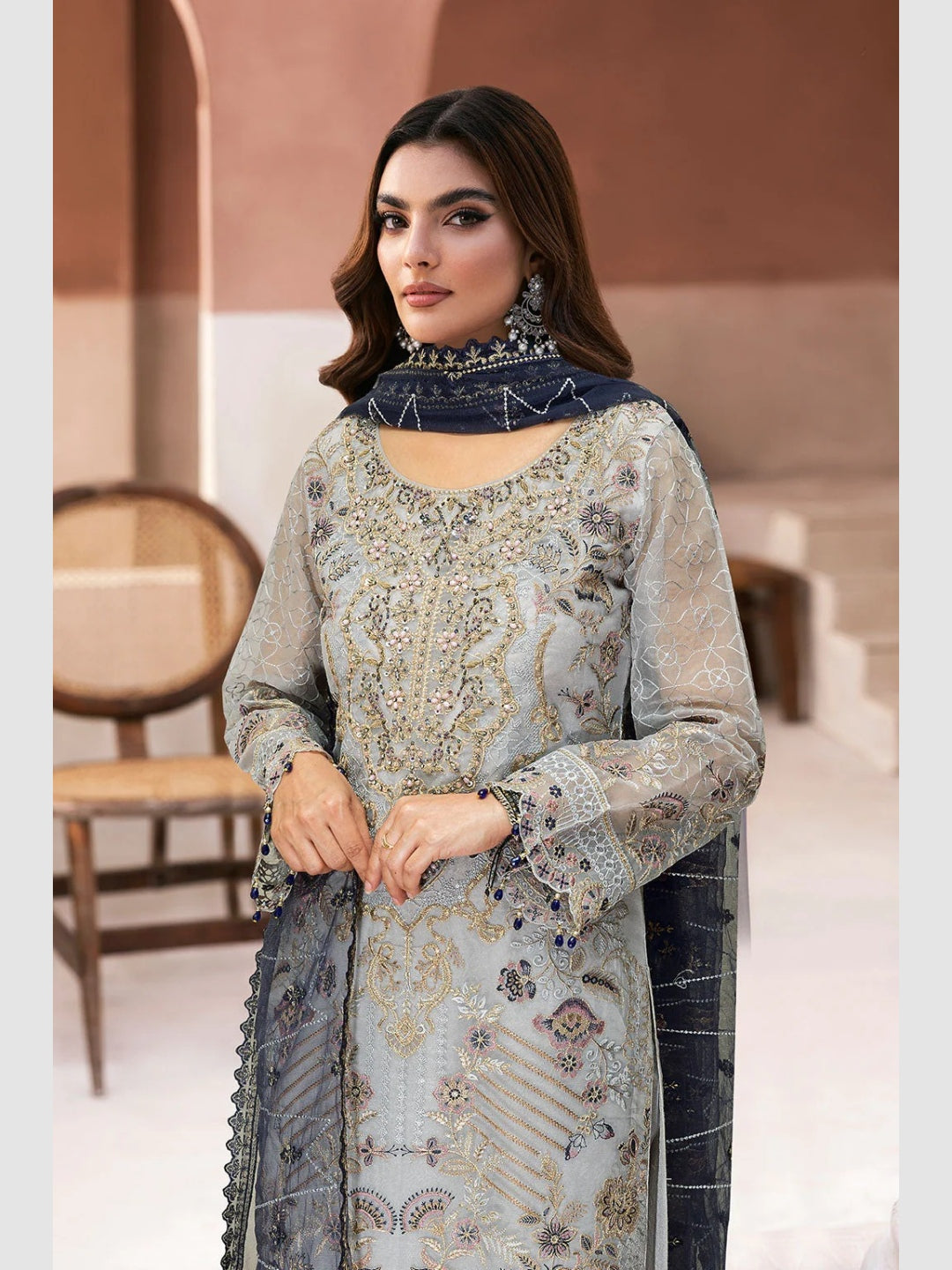Ice Blue Organza Intricate Embroidered Straight Cut Premium Formal Wear Ice Blue Organza Intricate Embroidered Straight Cut Premium Formal Wear
