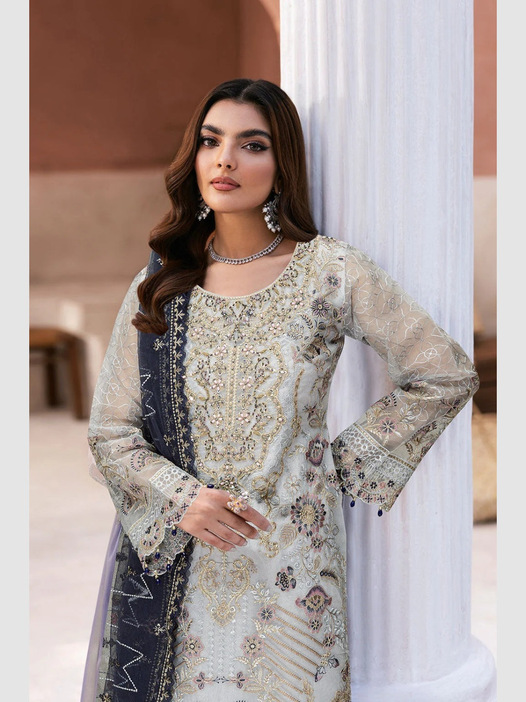 Ice Blue Organza Intricate Embroidered Straight Cut Premium Formal Wear