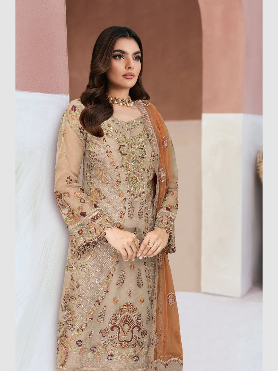 Beige Gold Organza Heavy Embroidered Straight Cut Luxury Festive Wear Beige Gold Organza Heavy Embroidered Straight Cut Luxury Festive Wear