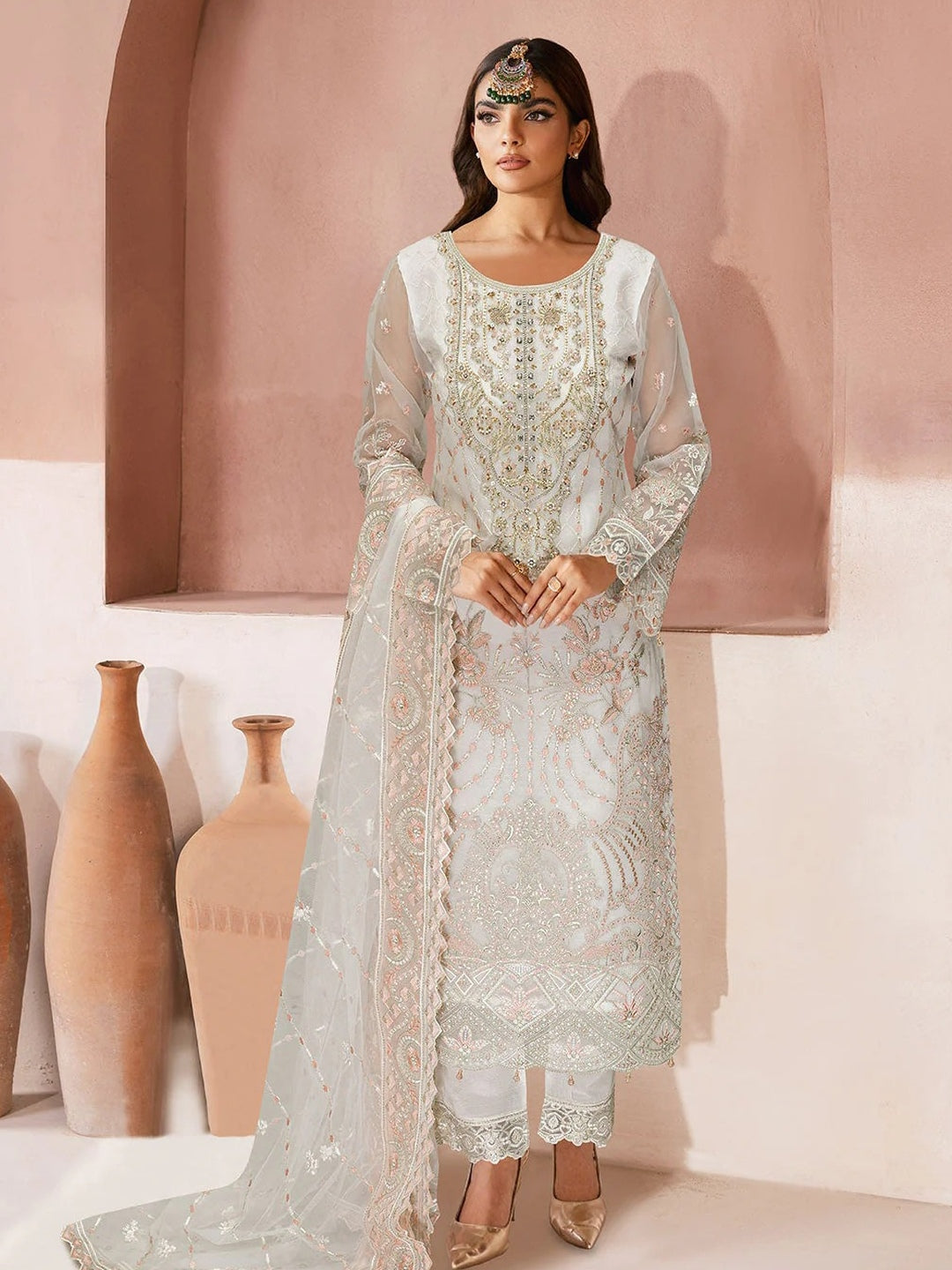 Ivory White Organza Intricate Embroidered Straight Cut Classic Formal Wear Ivory White Organza Intricate Embroidered Straight Cut Classic Formal Wear