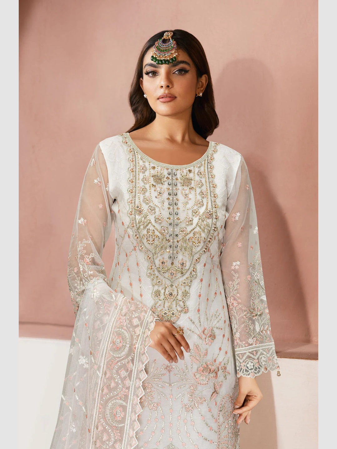 Ivory White Organza Intricate Embroidered Straight Cut Classic Formal Wear Ivory White Organza Intricate Embroidered Straight Cut Classic Formal Wear