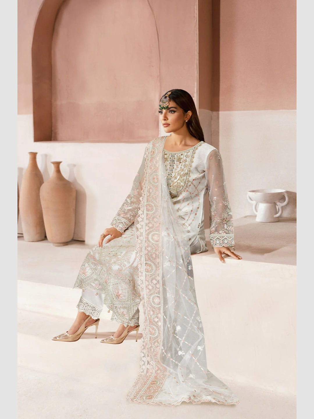 Ivory White Organza Intricate Embroidered Straight Cut Classic Formal Wear Ivory White Organza Intricate Embroidered Straight Cut Classic Formal Wear