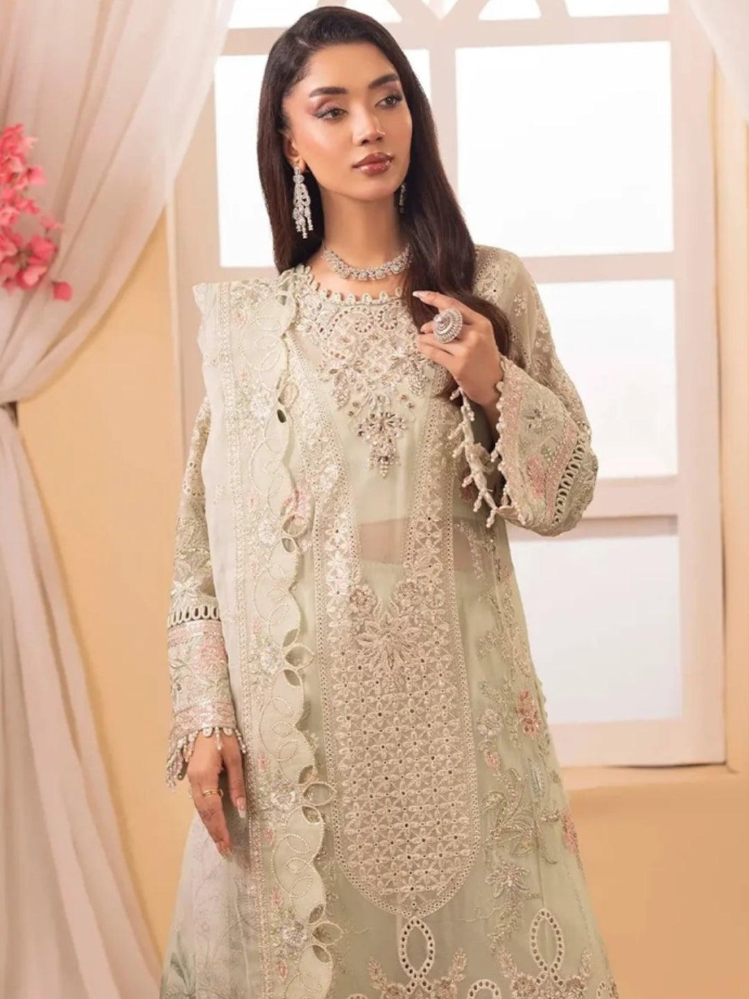 Mint Green Chiffon Intricate Embroidered Straight Cut Premium Festive Wear Mint Green Chiffon Intricate Embroidered Straight Cut Premium Festive Wear