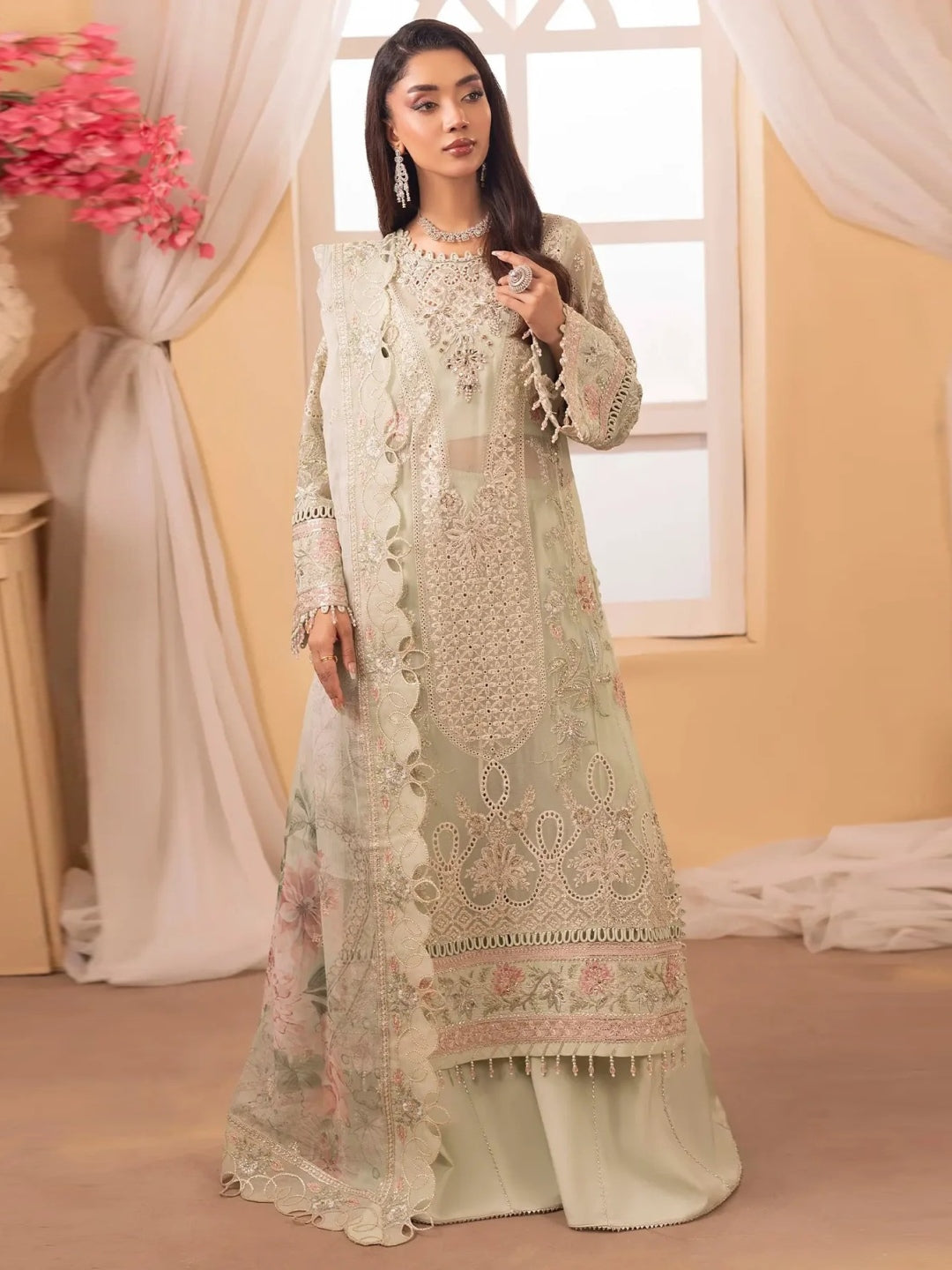 Mint Green Chiffon Intricate Embroidered Straight Cut Premium Festive Wear Mint Green Chiffon Intricate Embroidered Straight Cut Premium Festive Wear