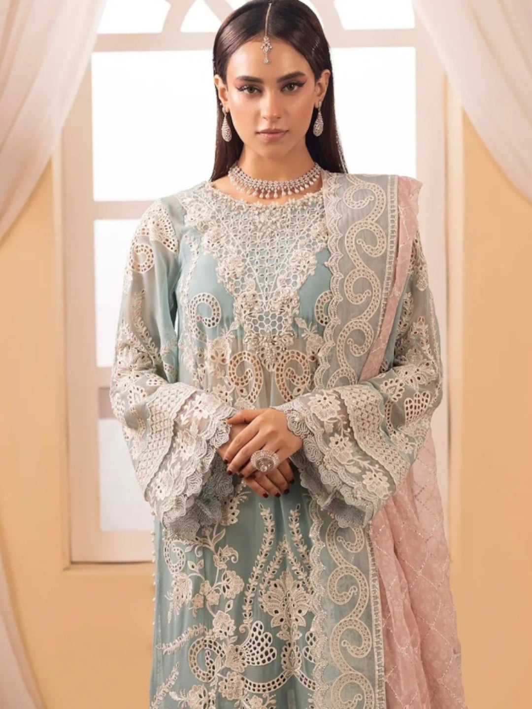 Ice Blue Chiffon Intricate Embroidered Straight Cut Elegant Party Wear