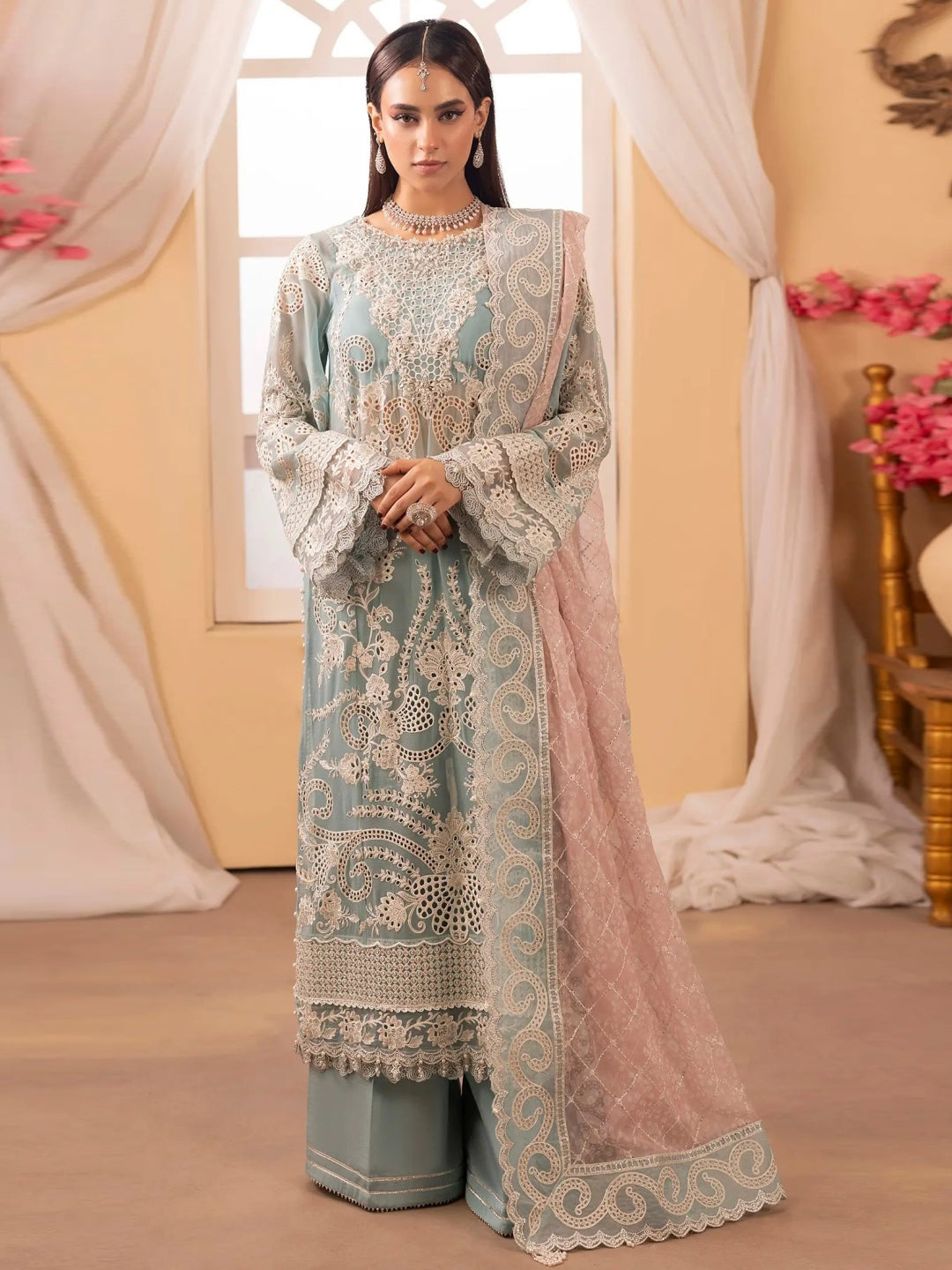 Ice Blue Chiffon Intricate Embroidered Straight Cut Elegant Party Wear Ice Blue Chiffon Intricate Embroidered Straight Cut Elegant Party Wear