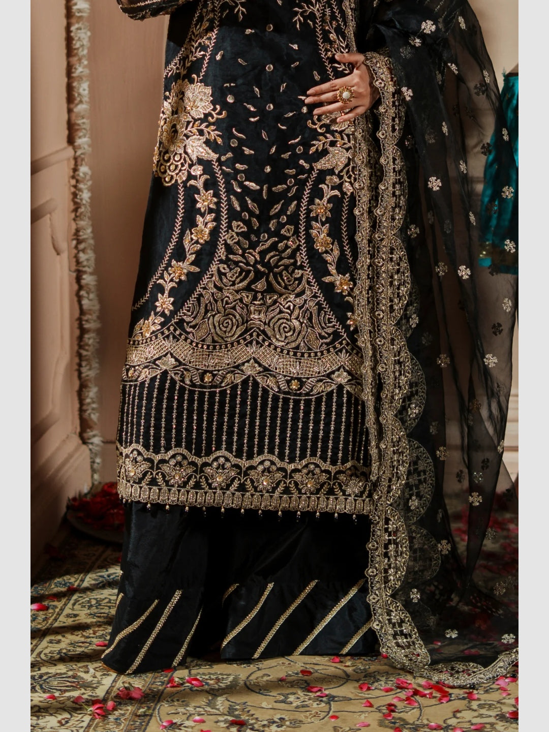 black formal dresses pakistani IZNIK BLACK VELVET FORMAL WEAR| WINTER COLLECTION| TOP PAKISTANI DRESS –  Shaebiz Collection main image 1