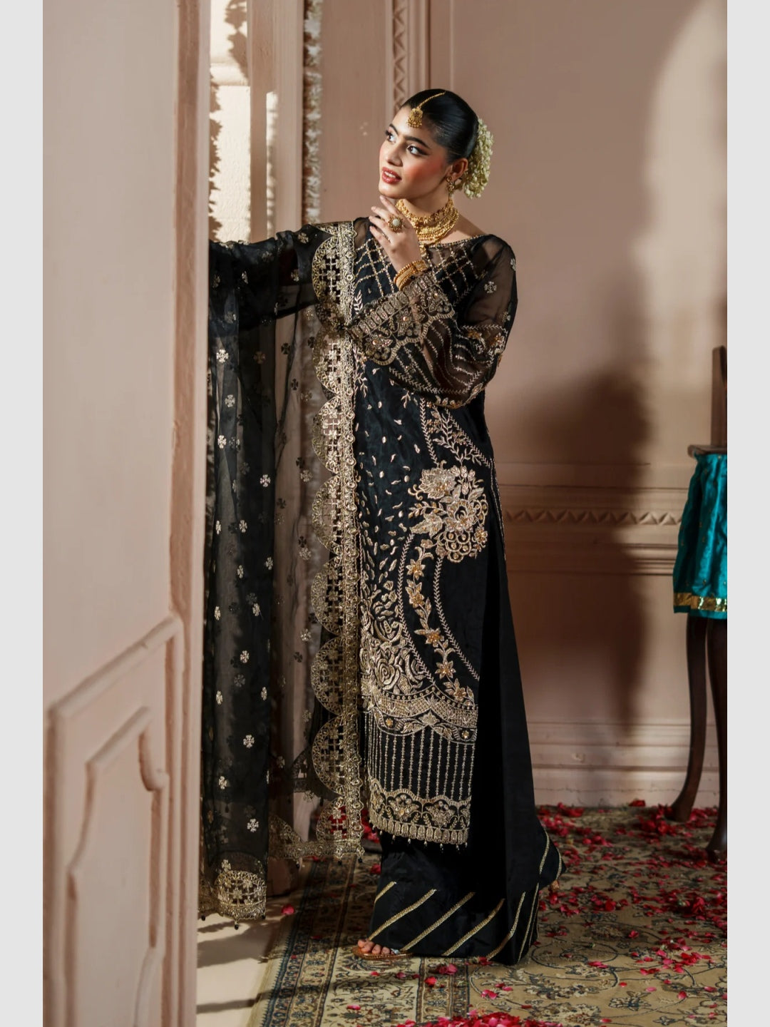 Jet Black Organza Heavy Embroidered Straight Cut Luxe Formal Wear