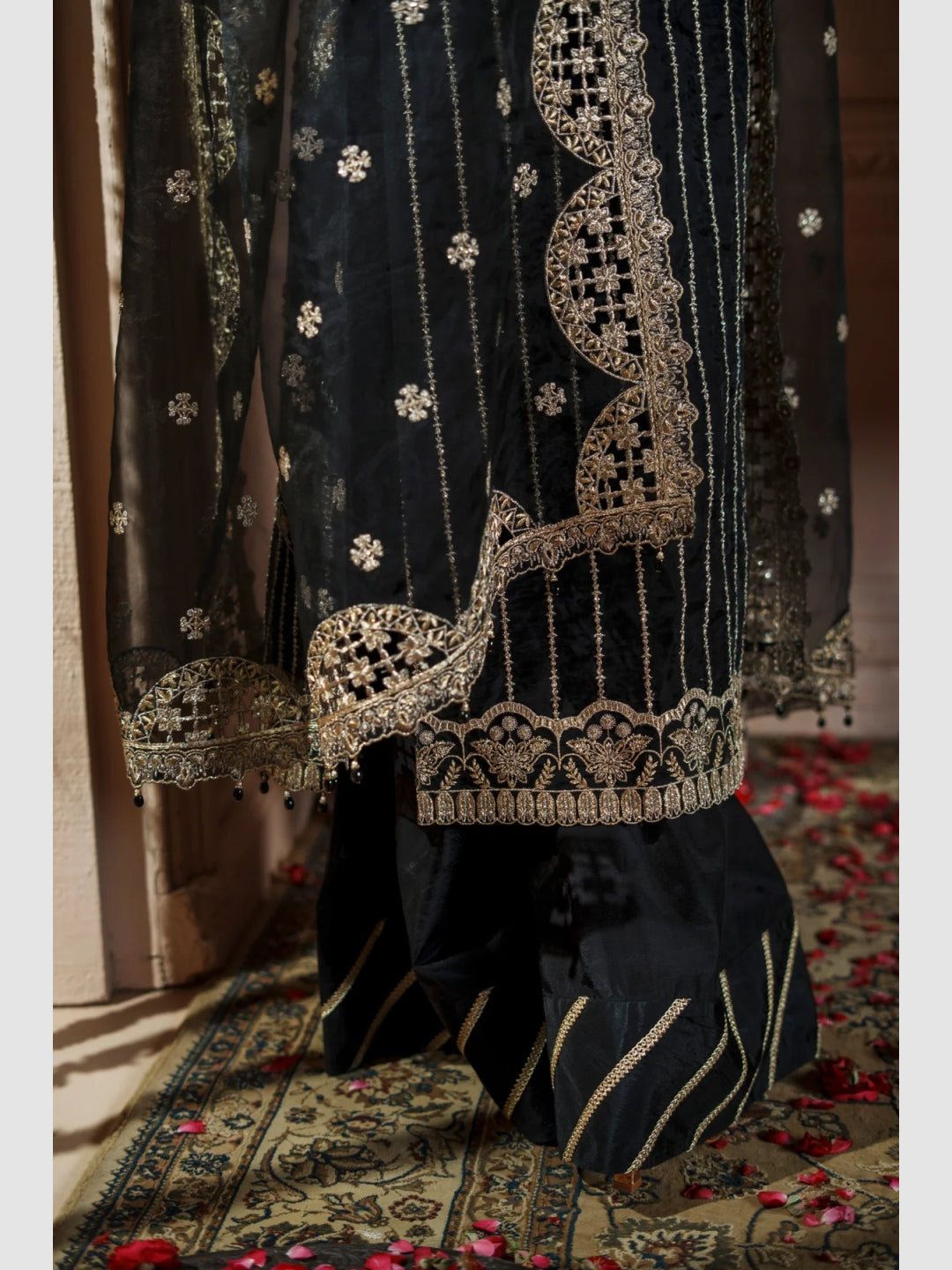 Jet Black Organza Heavy Embroidered Straight Cut Luxe Formal Wear