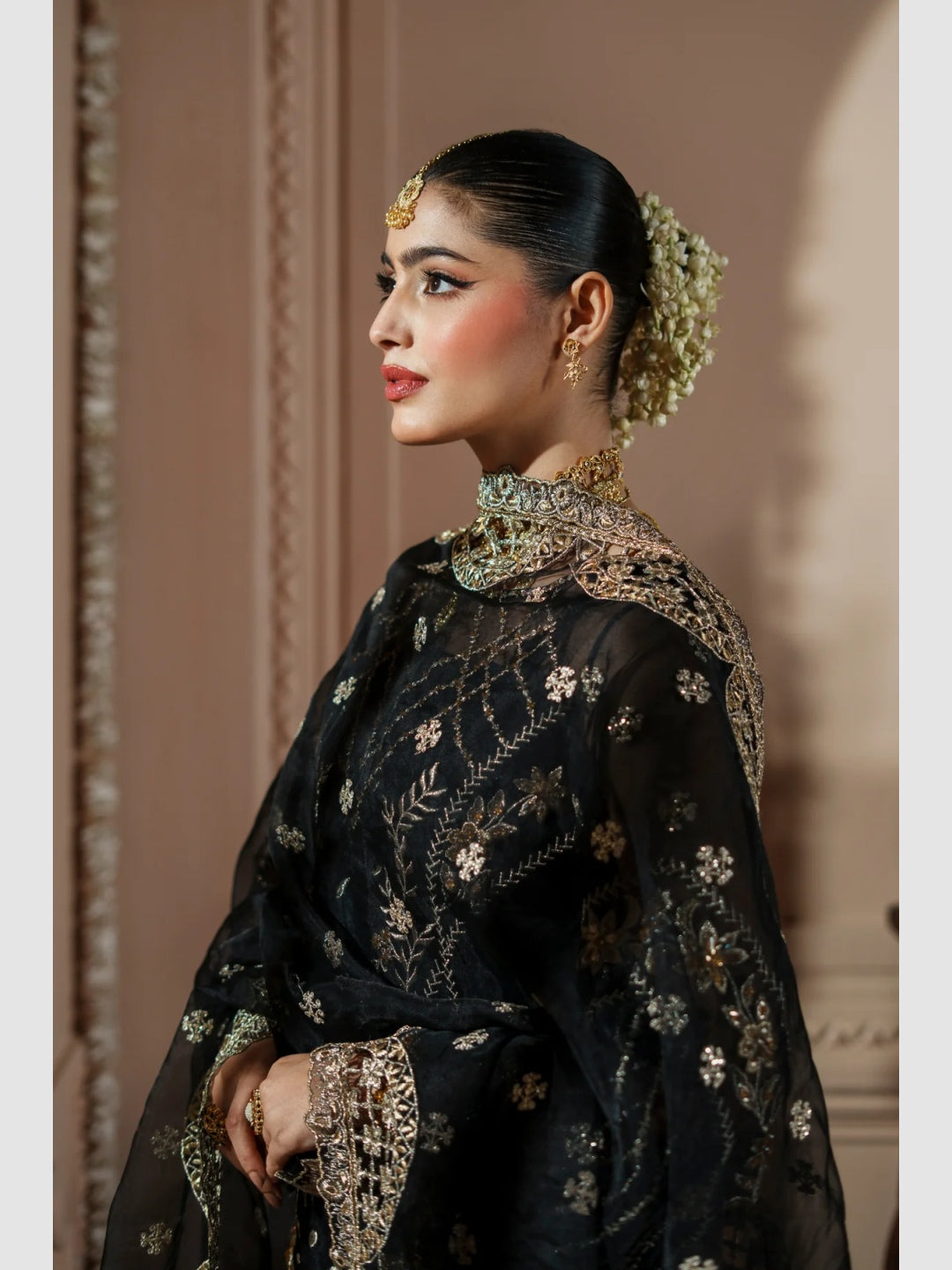 Jet Black Organza Heavy Embroidered Straight Cut Luxe Formal Wear Jet Black Organza Heavy Embroidered Straight Cut Luxe Formal Wear