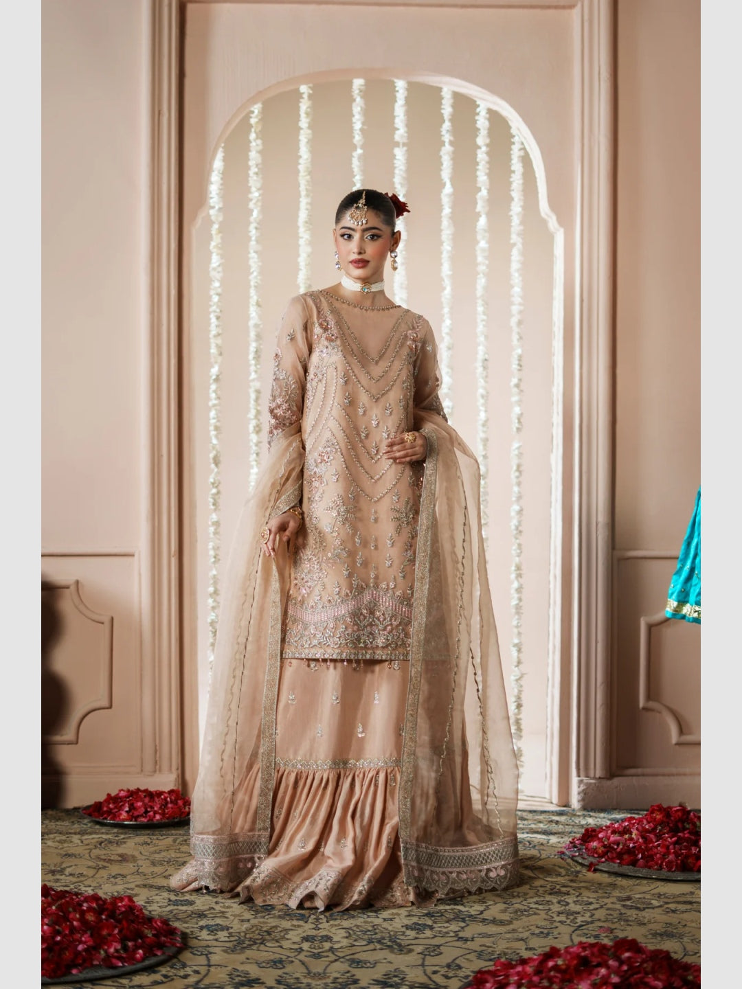 Champagne Beige Organza Intricate Embroidered Luxury Wedding Wear