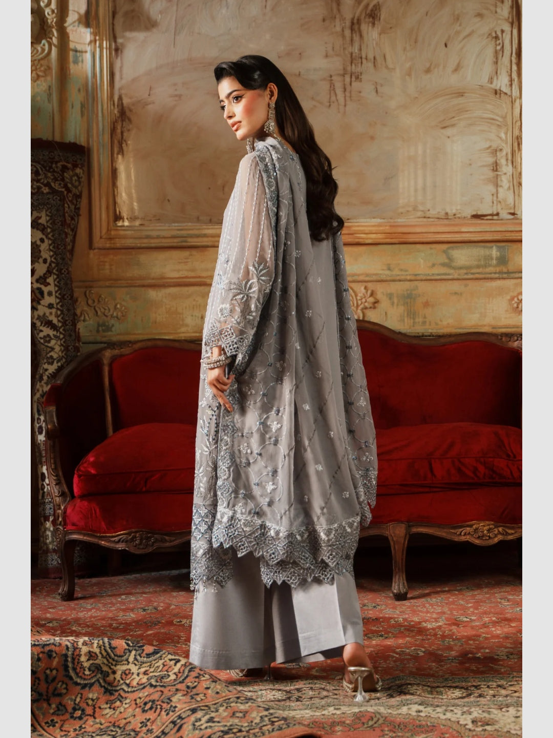 silver pakistani dress Silver Grey Lehenga Gown For Pakistani Bridal Wear UY Collection