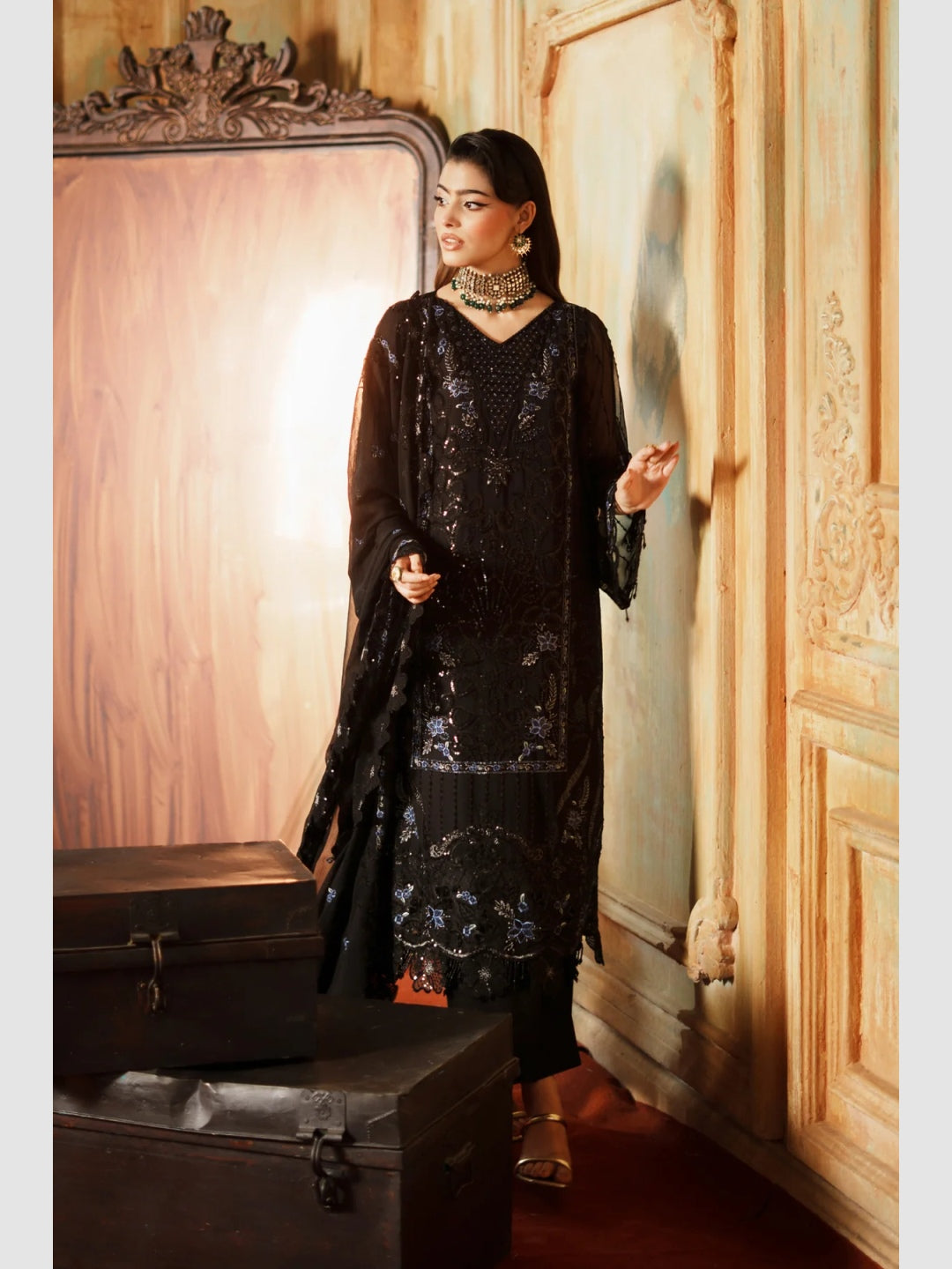 black chiffon embroidered dress CHIFFON EMBROIDERED FORMAL DRESS BY ALEEZAY 03 The Zaibai