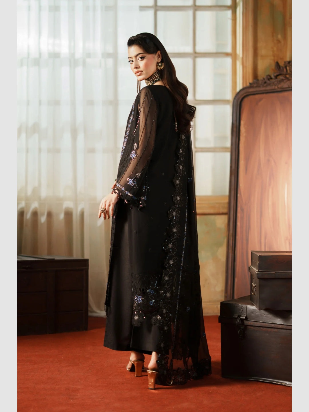 black chiffon embroidered dress Belline Embroidered Chiffon Midi Dress