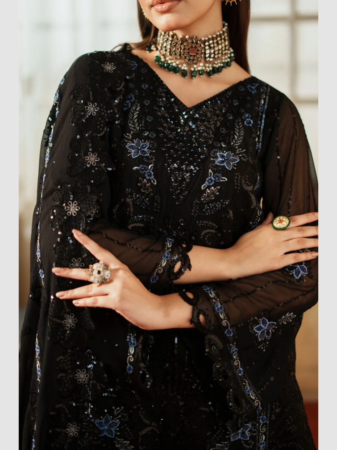black chiffon embroidered dress Belline Embroidered Chiffon Midi Dress