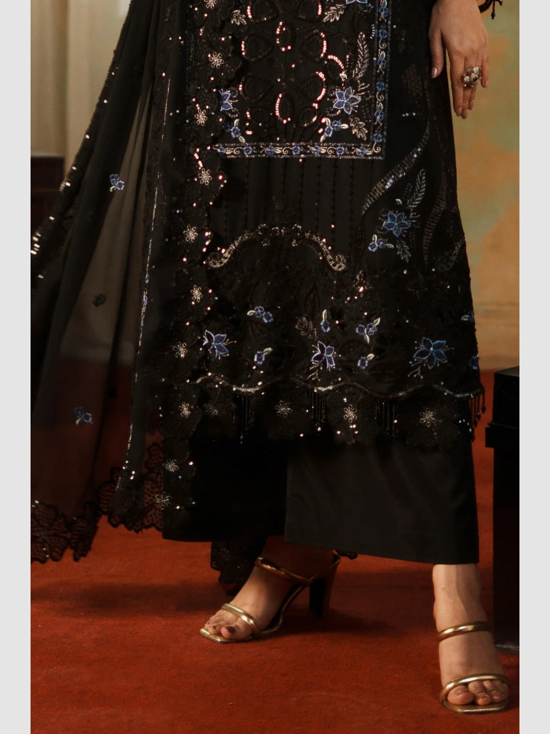 black chiffon embroidered dress Black embroidered velvet dress with chiffon train