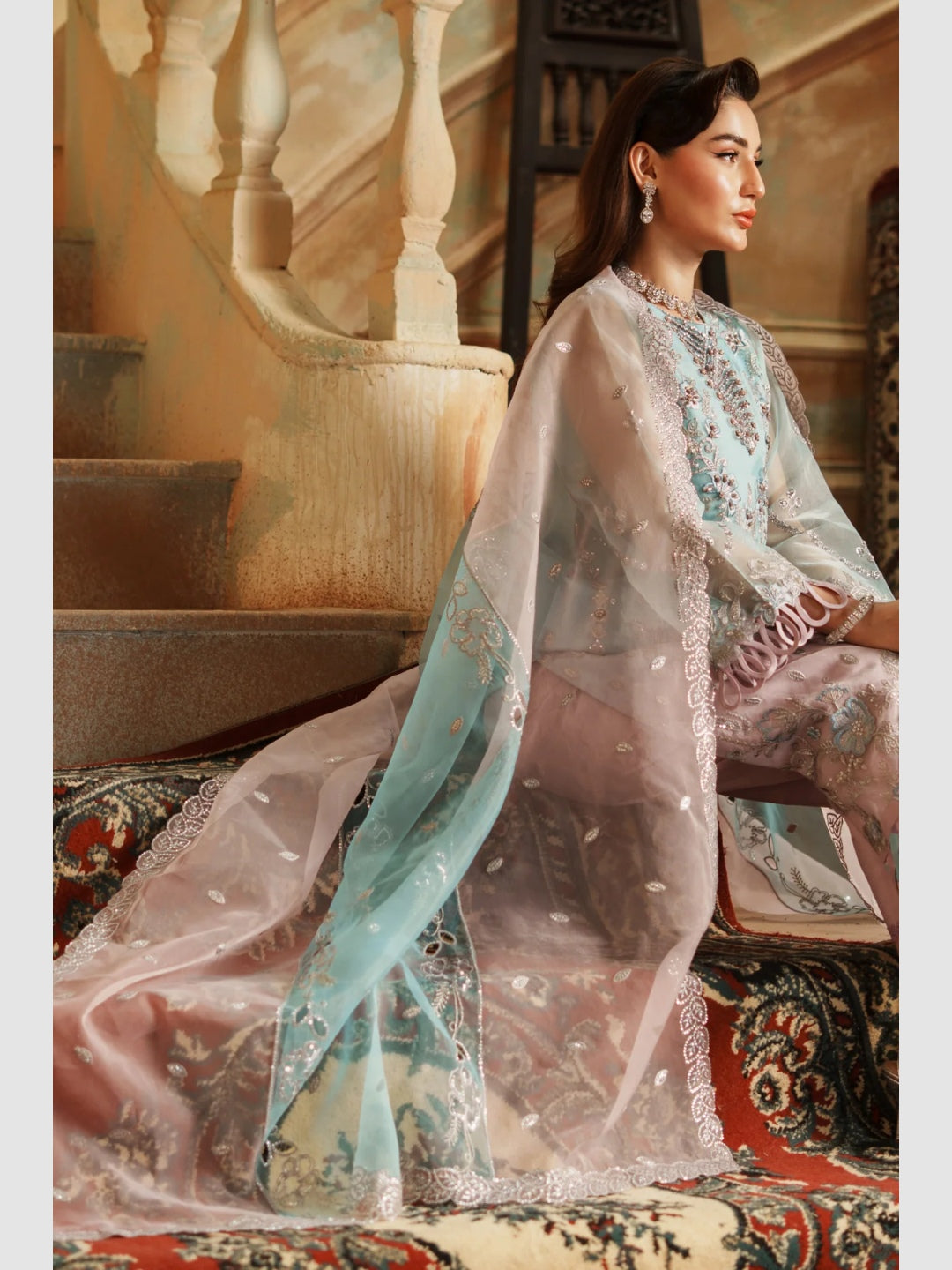 organza embroidered dress Embroidered Organza Pakistani Dress: Mint Green Maxi Suit