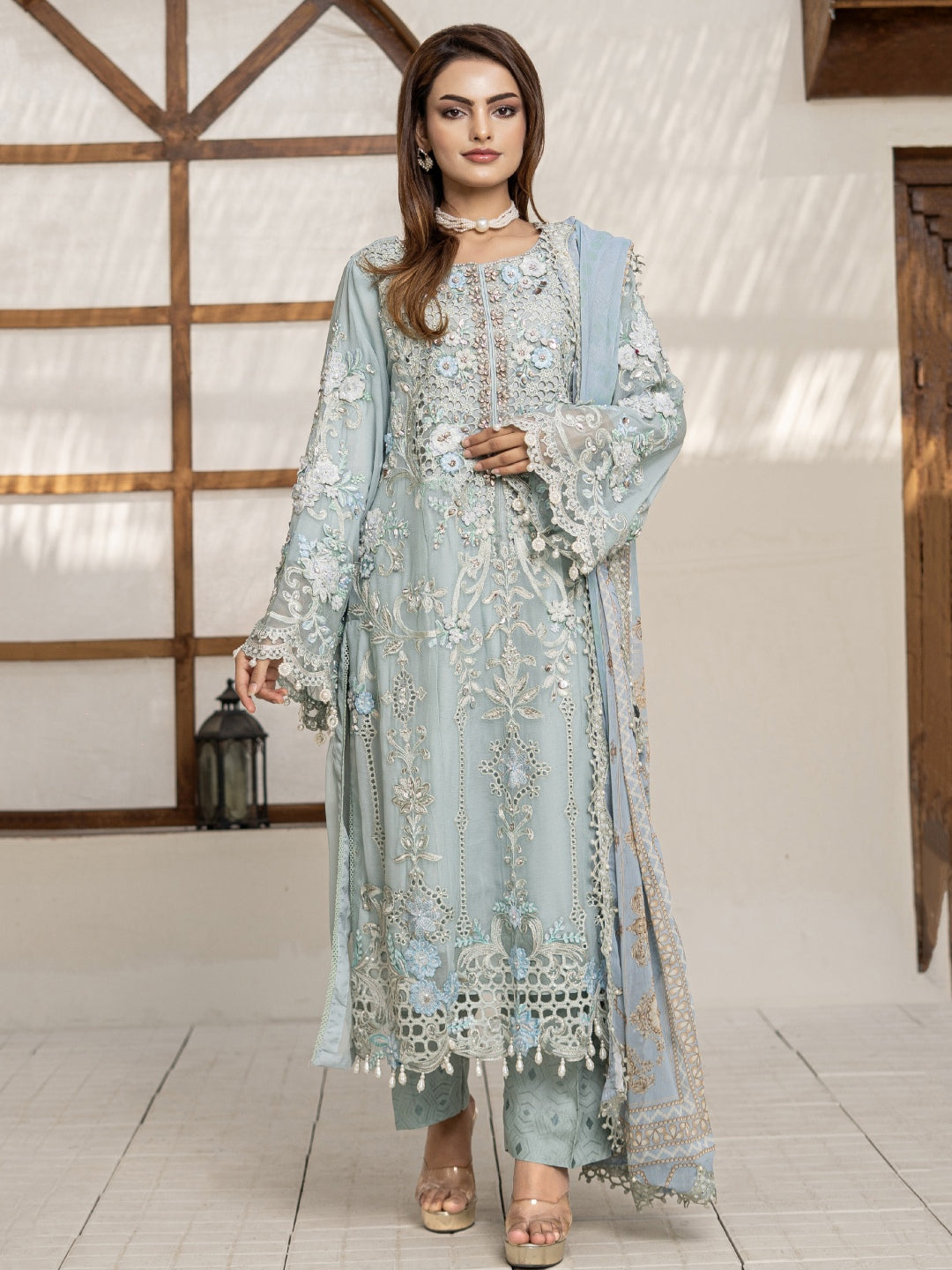 green emerald velvet dress Tawakkal Pakistani Dress Blue Elegant Chiffon main image 0