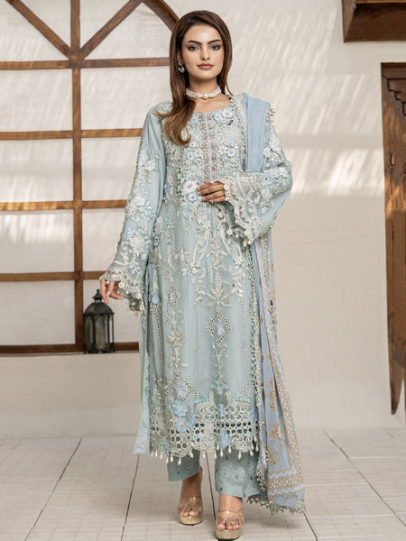 Blue Heavy Gold Embroidered Chiffon Party Wear Wedding Dress by Fabricoz USA