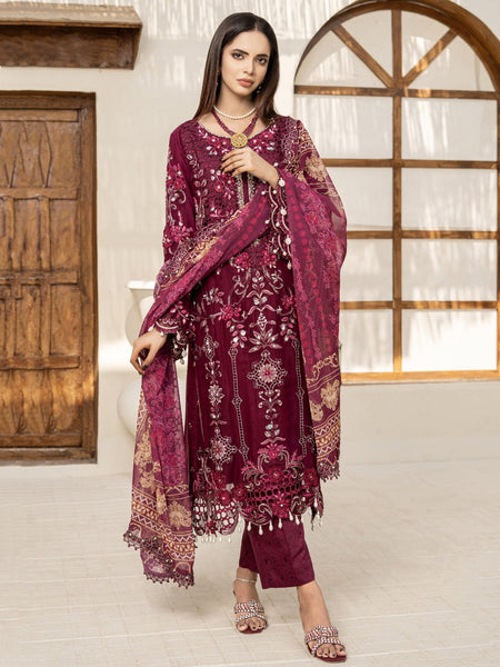 Red Heavy Gold Embroidered Chiffon Party Wear Wedding Dress by Fabricoz USA