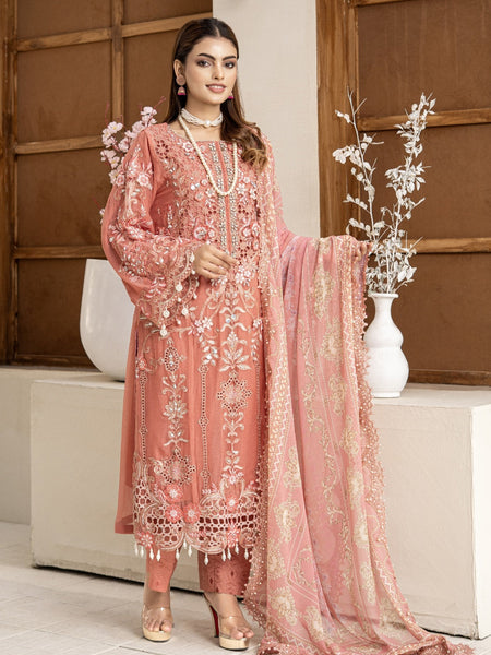 Peach Heavy Gold Embroidered Chiffon Party Wear Wedding Dress by Fabricoz USA