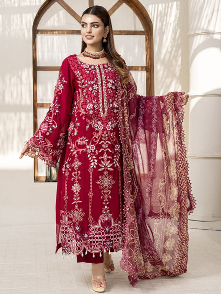 Red Heavy embroidered Chiffon Pakistani Salwar Kameez by Fabricoz USA