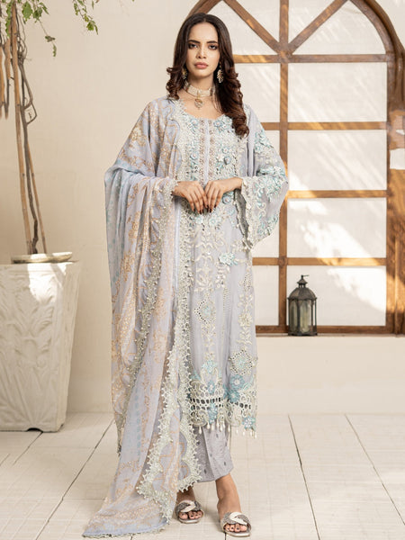 Blue Heavy embroidered Chiffon Salwar Kameez by Fabricoz USA