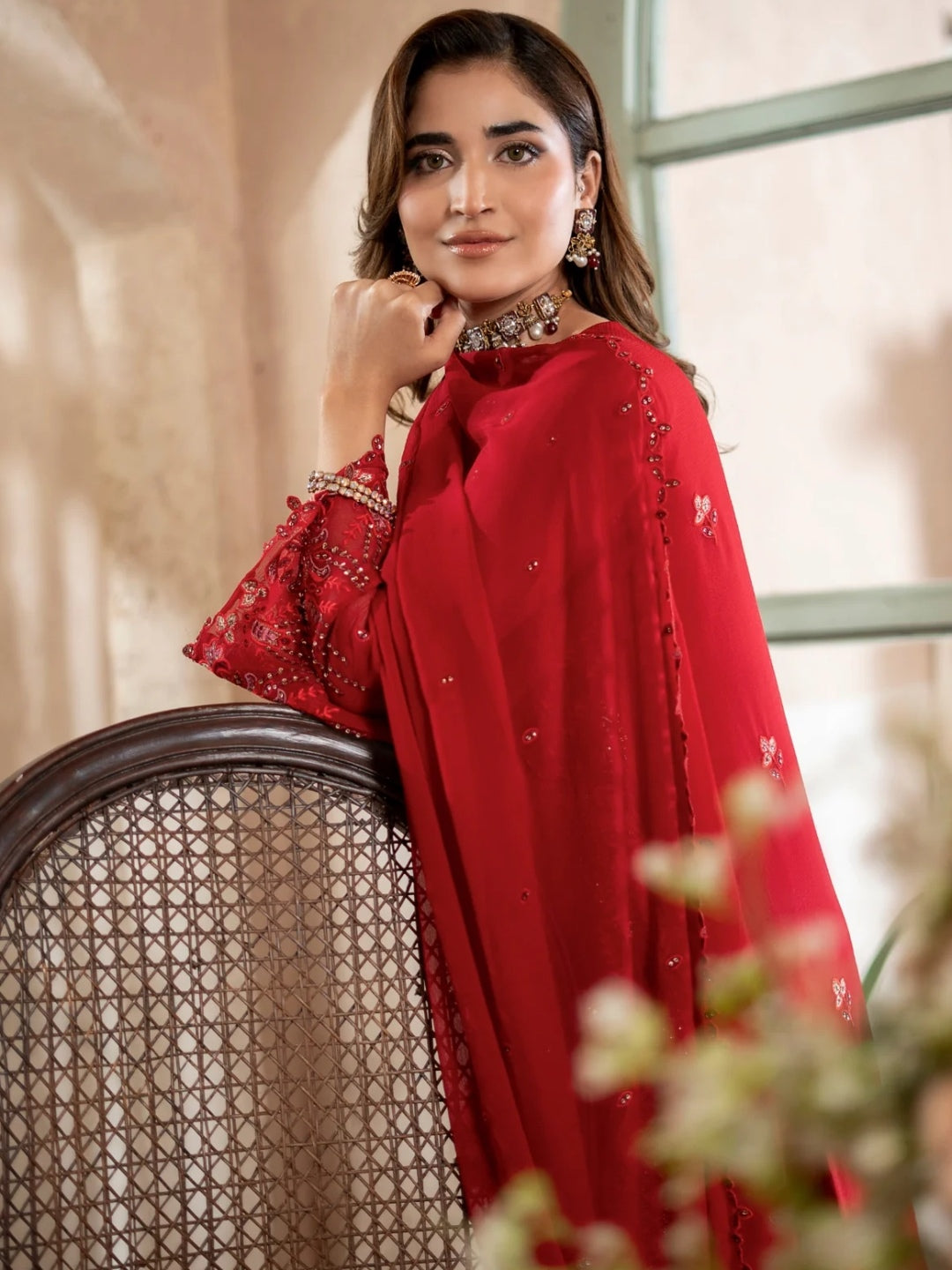 Ruby Red Chiffon Heavy Embroidered Straight Cut Luxury Wedding Wear