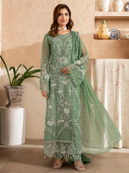 Green Fine Embroidered Chiffon Luxe Formal Wear Wedding Dress by Fabricoz USA