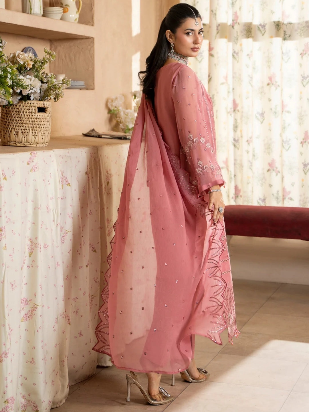pink chiffon dress pakistani Rose Pink Chiffon Heavy Embroidered Straight Cut Premium Festive Wear