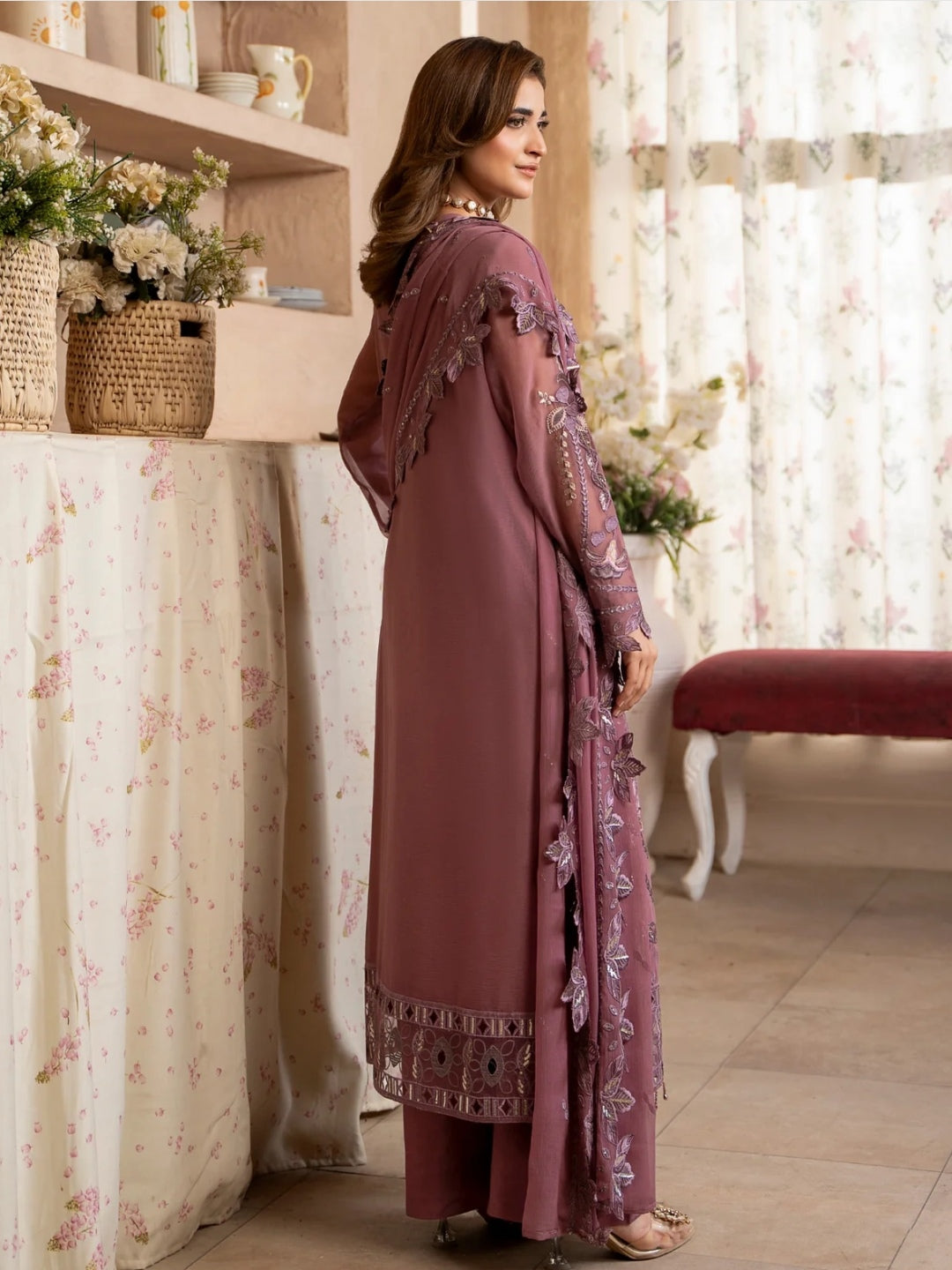 Dusty Mauve Chiffon Embroidered Straight Cut Premium Party Wear
