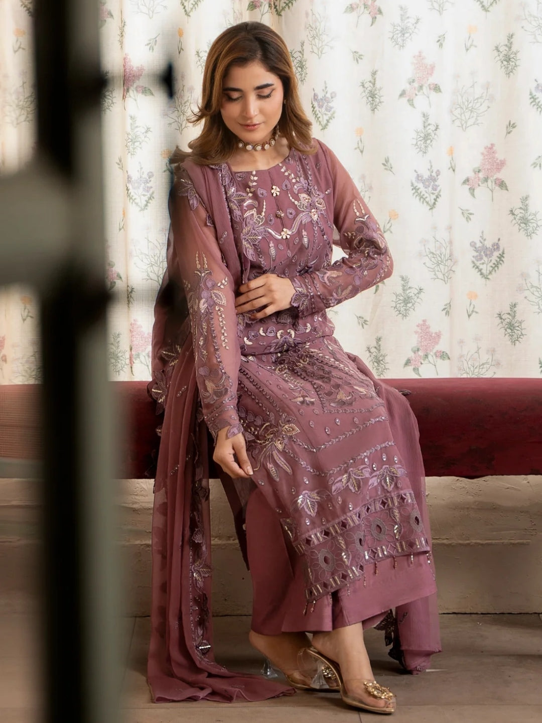 Dusty Mauve Chiffon Embroidered Straight Cut Premium Party Wear Dusty Mauve Chiffon Embroidered Straight Cut Premium Party Wear