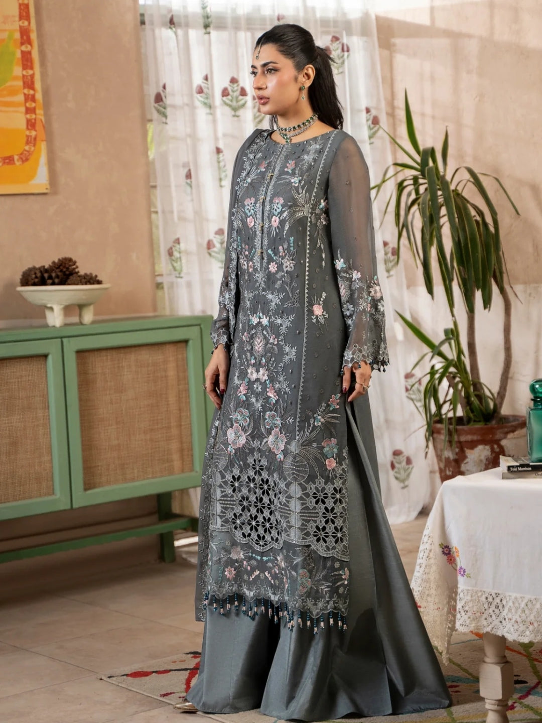Charcoal Grey Chiffon Intricate Embroidered Straight Cut Elegant Party Wear