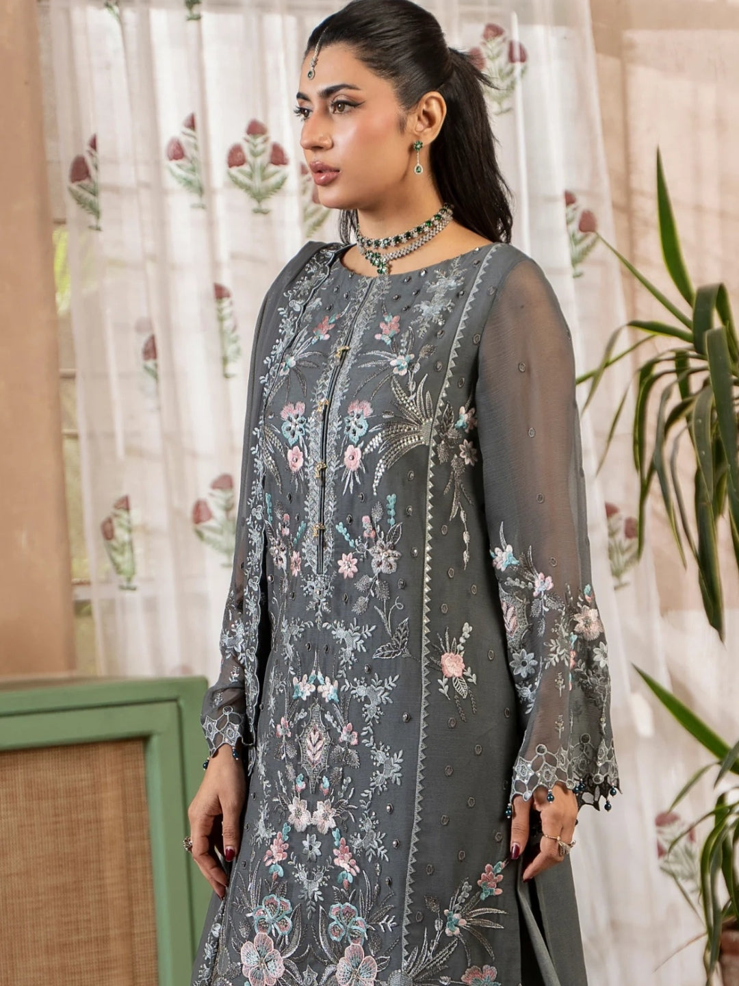 Charcoal Grey Chiffon Intricate Salwar Kameez | Fabricoz USA