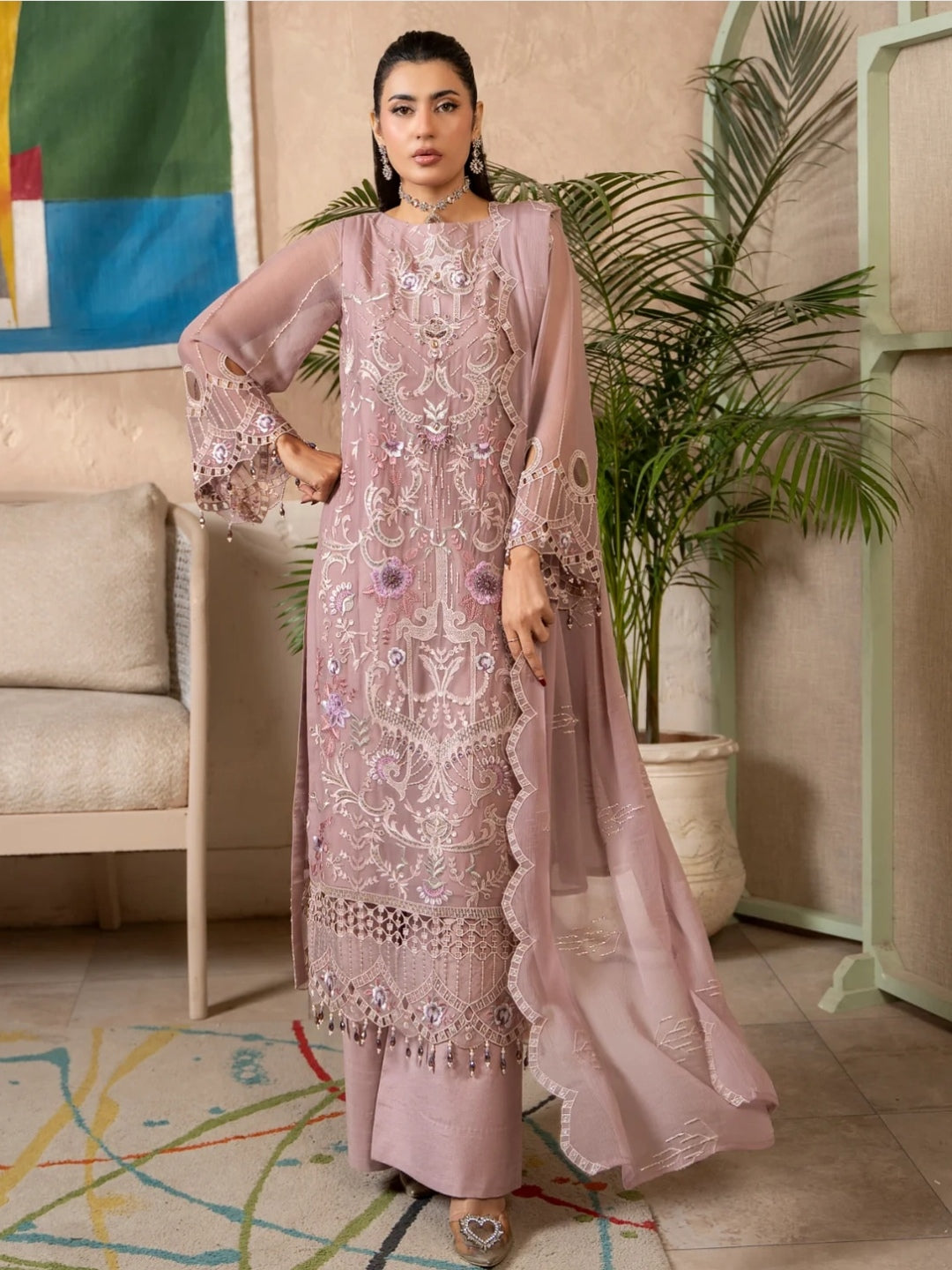 Dusty Rose Chiffon Heavy Embroidered Straight Cut Luxury Wedding Wear